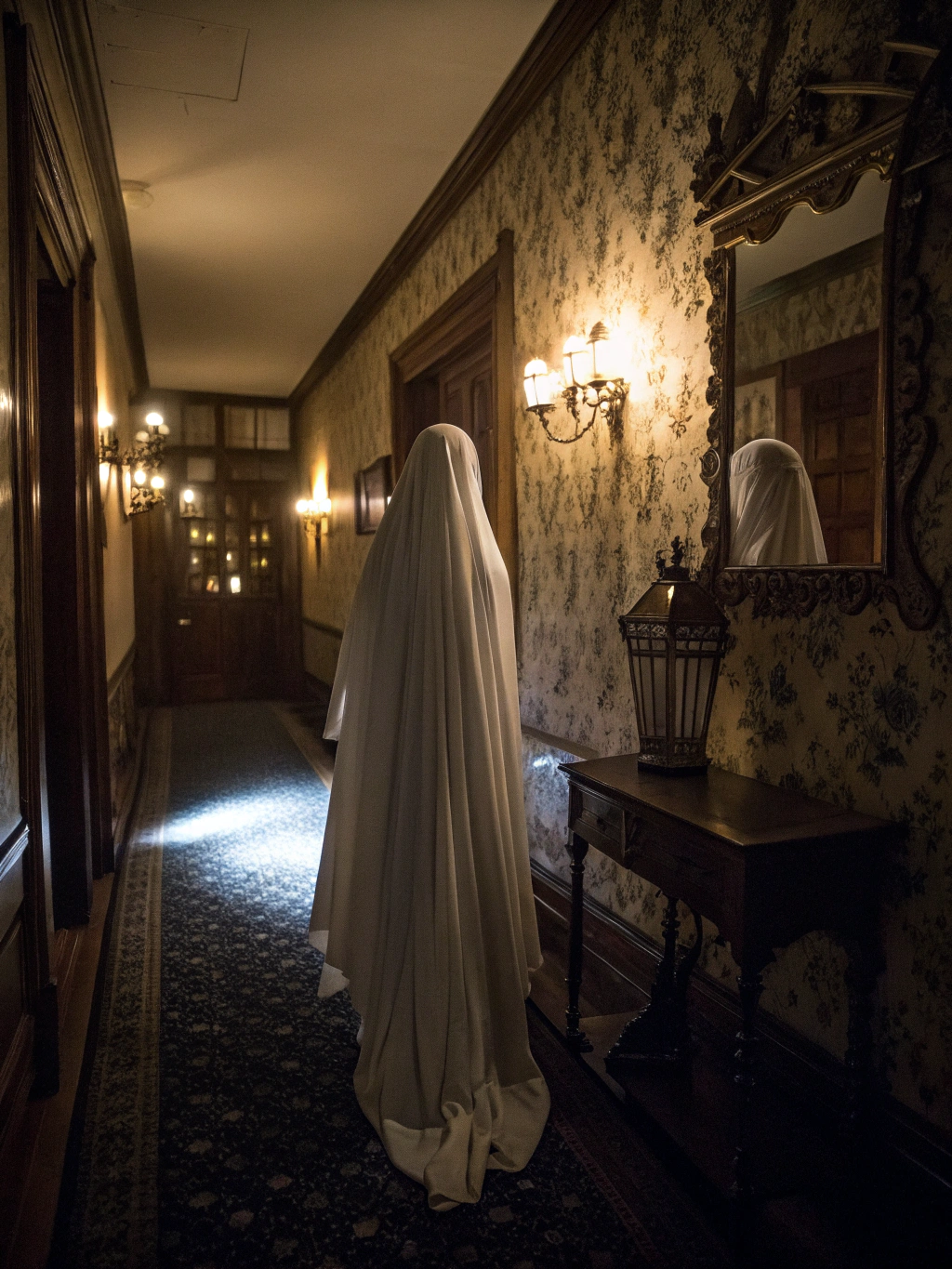 Ghostly woman in tattered Victorian dress with hollow eyes and ethereal energy
