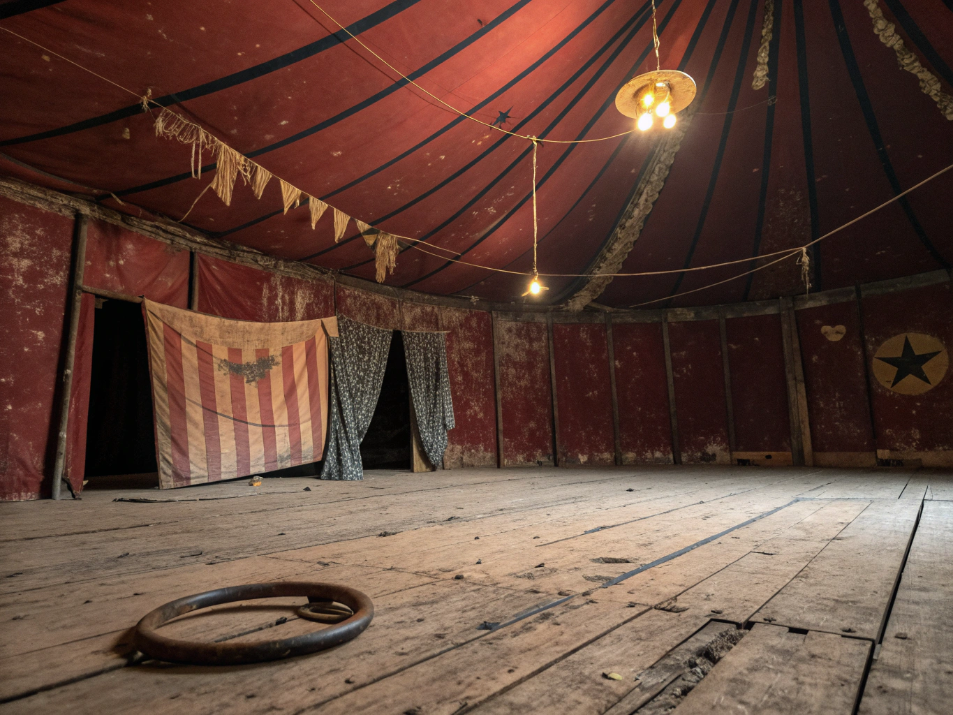 Twisted dark circus tent with glowing ember lights