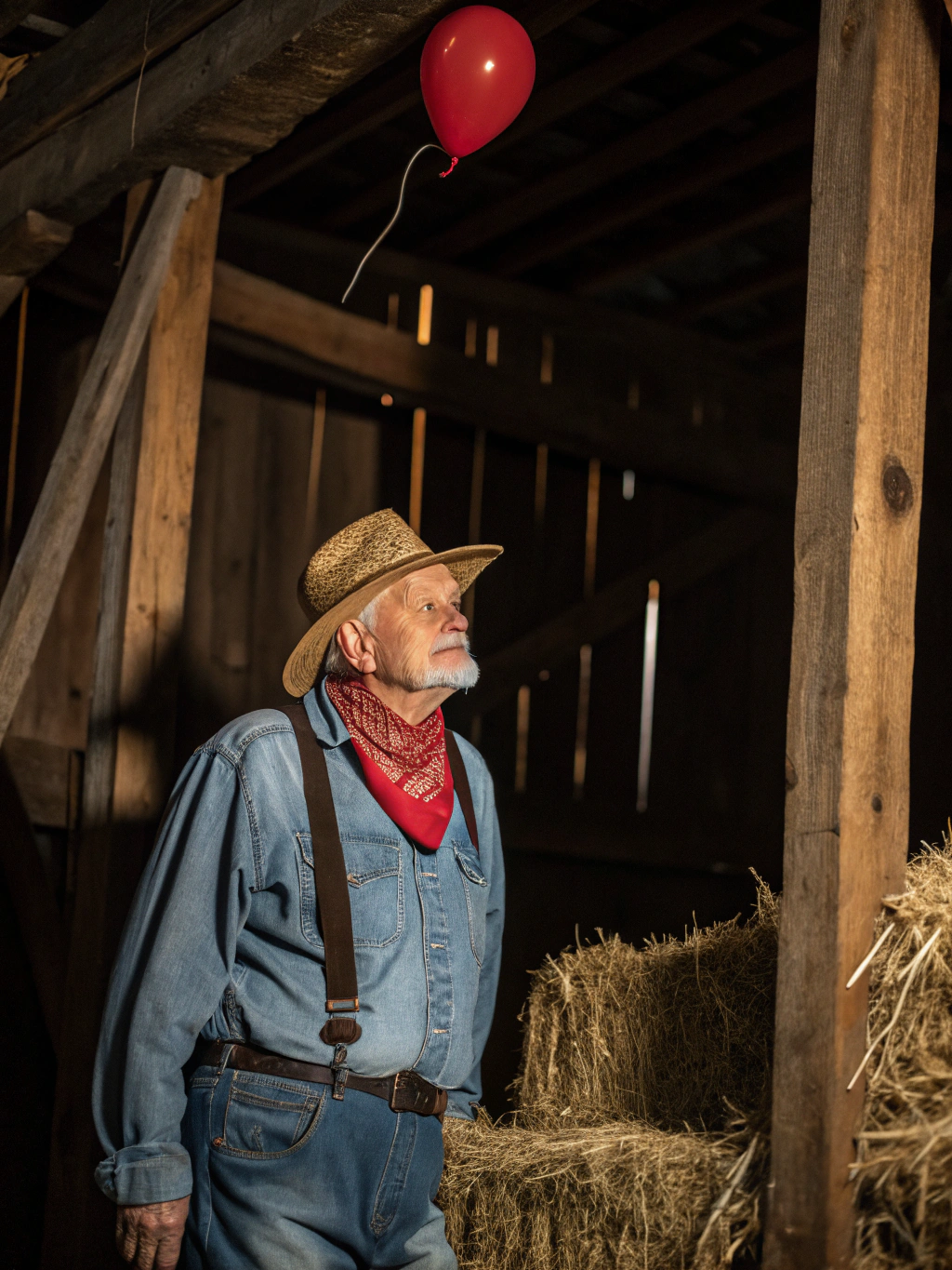 Weathered farmer in tattered overalls with sunken eyes emerging from dark farmhouse shadows